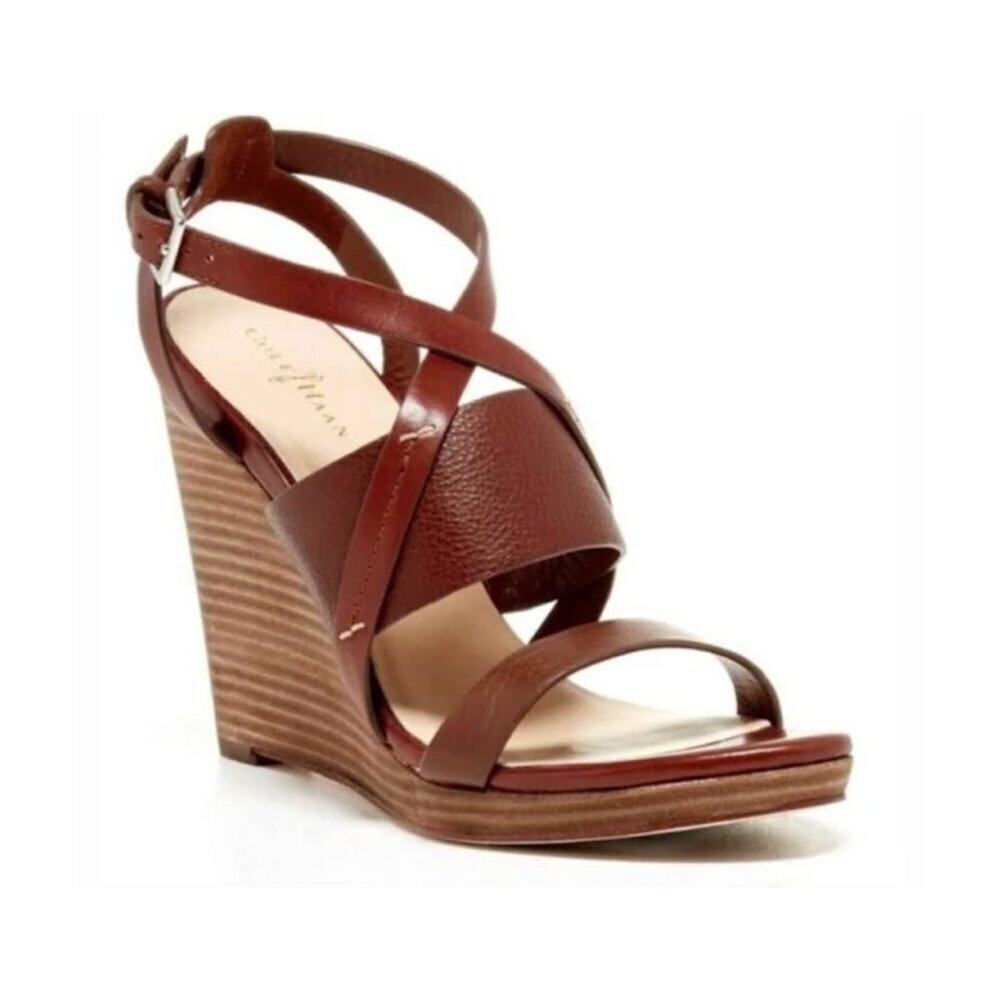 Cole Haan x Nike Air Pelham Strappy 4” Wedge Brown Leather Platform Sandals sz 8